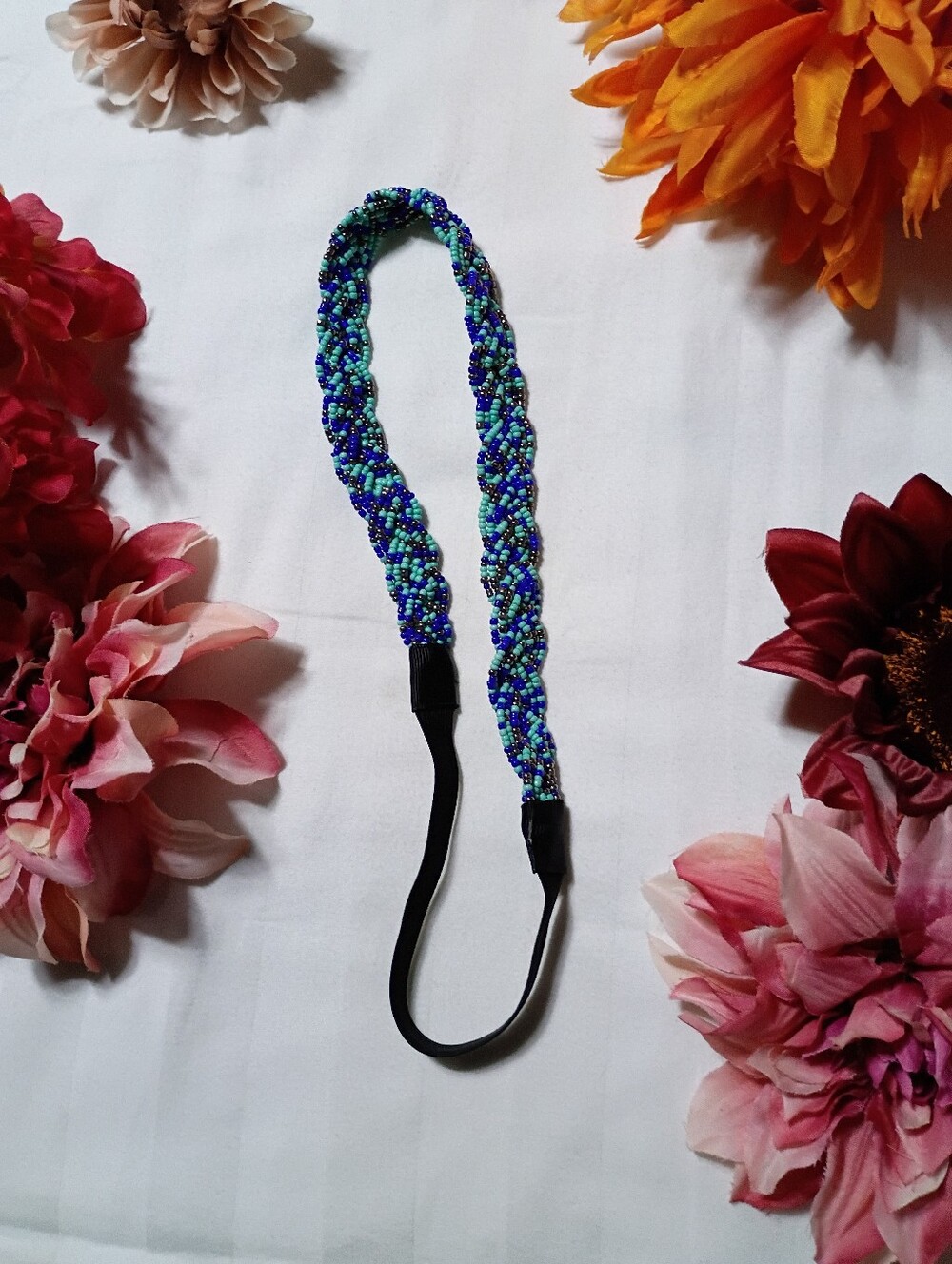 Braided Beaded Headband in Blue and Teal